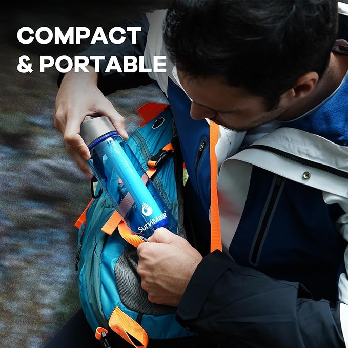 SurviMate 5-Stage 0.01μm Ultra-Filtration Filtered Water Bottle, BPA-Free Material, NSF/ANSI 42&372 Certified, Portable Water Filter Bottle for Survival, Camping, Hiking, and Emergency Use