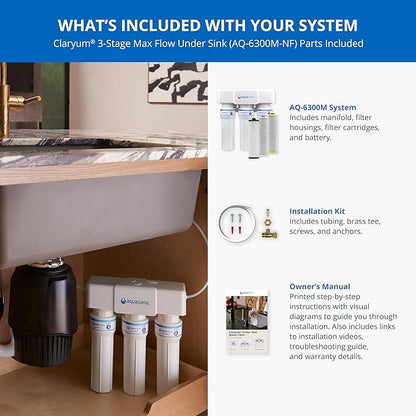 Aquasana Under Sink Water Filter | 3-Stage Max Flow Filtration | Reduces up to 99.99% of 78 Contaminants - PFAS, Lead, Chlorine, Cysts, & More | Under Counter Drinking Water Filter | AQ-6300M-NF