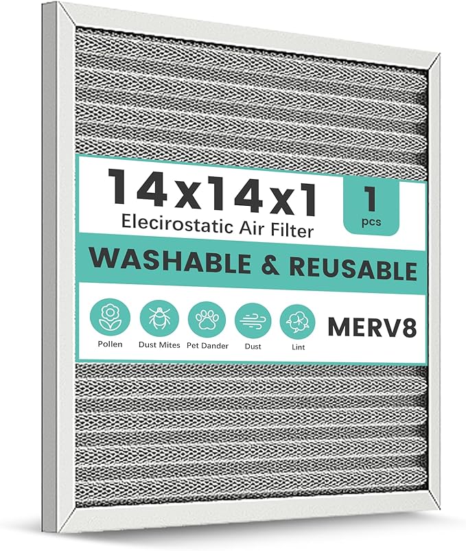 14x14x1 Reusable Air Filter, Washable, Electrostatic HVAC AC Furnace Filter, Merv 8, Lasts a Lifetime, Breathe Safe at Home or in the Office (Actual Size:13.5x13.5x0.82 Inch)