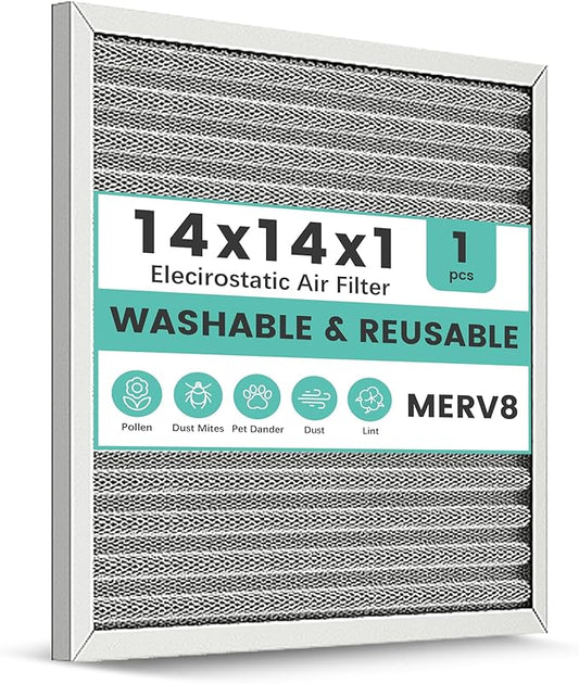 14x14x1 Reusable Air Filter, Washable, Electrostatic HVAC AC Furnace Filter, Merv 8, Lasts a Lifetime, Breathe Safe at Home or in the Office (Actual Size:13.5x13.5x0.82 Inch)