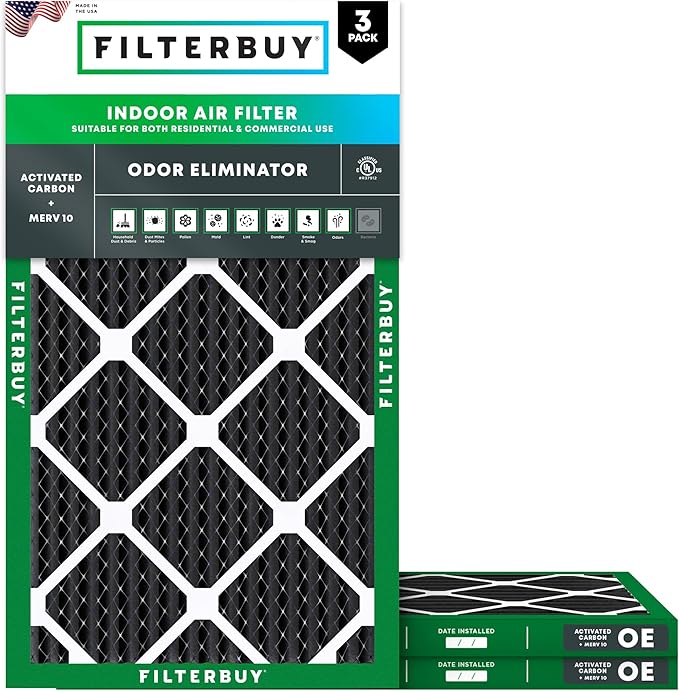 Filterbuy 16x24x1 Air Filter MERV 10 Odor & Allergy Defense with Activated Carbon (3-Pack), Electrostatic Pleated HVAC AC Furnace Filters Replacement, Made in USA (Actual Size: 15.38 x 23.38 x 0.75)