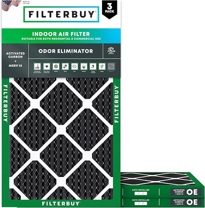 Filterbuy 16x24x1 Air Filter MERV 10 Odor & Allergy Defense with Activated Carbon (3-Pack), Electrostatic Pleated HVAC AC Furnace Filters Replacement, Made in USA (Actual Size: 15.38 x 23.38 x 0.75)