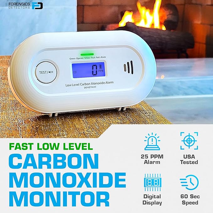 Fast Low Level CO Monitor by Forensics | Offices, Classrooms, Home, Retail | > 10ppm Display | 25ppm Alarm | (Upgraded Version 2.0)