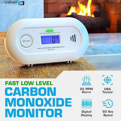 Fast Low Level CO Monitor by Forensics | Offices, Classrooms, Home, Retail | > 10ppm Display | 25ppm Alarm | (Upgraded Version 2.0)