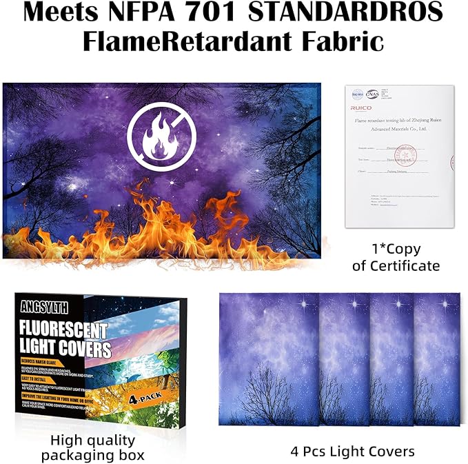 4 Pcs Fluorescent Light Covers - Classroom, Office 4 x 2 Feet Flame Retardant Magnetic Covers for Ceiling Lights Filters (Forests & Starry Sky)
