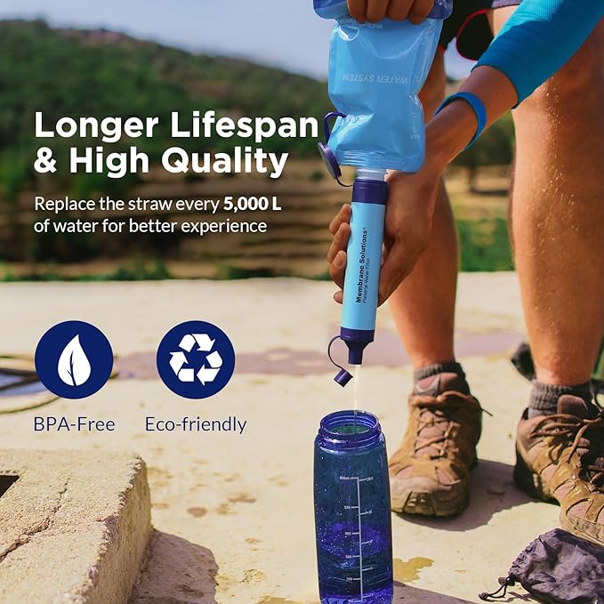 Membrane Solutions Squeezable Water Filtration System, Survival Water Purifier Kit, Portable Backpacking Gear Including Water Filter Straw and 23oz Collapsible Bottle for Hiking Camping Travel(4+4)