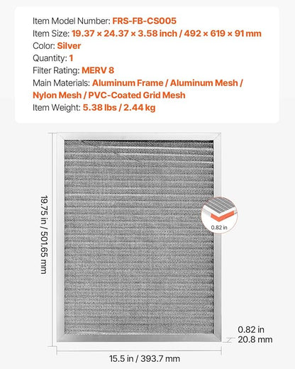 VEVOR 20x25x4 inch Electrostatic Air Filter, AC/HVAC Furnace Filter Washable & Reusable Aluminum, MERV 8 Long Lifetime, Home or Office (Actual Size: 19.37 x 24.37 x 3.58 in)