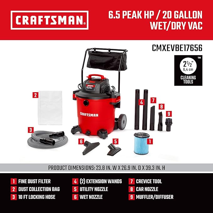 CRAFTSMAN CMXEVBE17656 20 Gallon 6.5 Peak HP Wet Dry Vac with Cart, Heavy-Duty Shop Vacuum Wet and Dry with Fine Dust Filter, Dust Bag, Hose and Attachments for Shop, Garage, Jobsite Cleaning