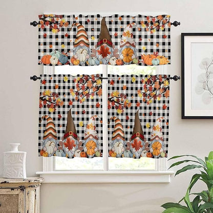 Thanksgiving Gnomes Kitchen Curtain Set, Fallen Maple Leaf Pumpkin Black Plaid Window Valance and Tiers 36" Length, Light Filtering Short Curtains Valance for Cafe Bathroom Bedroom 54"x18"