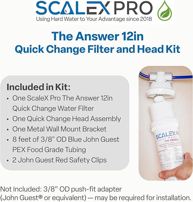 The Answer - 12in Quick Change 3/8in Auto Shut Off Head and Water Filter Combo Kit, High Capacity (up to 7500 gals) Prevents Limescale; Chlorine, Chloramines, Odors (SXP-12TARC)