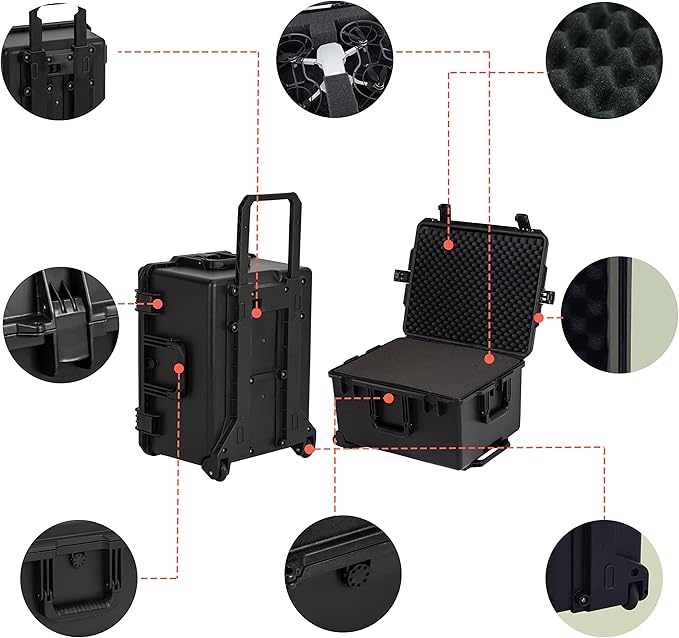 MEIJIA Portable All Weather Waterproof Rolling Hard Camera Case with Customizable Fit Foam and Wheels, 24.6"X19.7"X14.4",Elegant Black