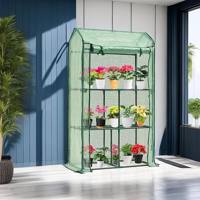 Mini Greenhouse for Indoor Outdoor, Small Plastic Plant Green House Rack Stand Portable Greenhouses with Durable PE Cover for Seedling 60 "x 35"x 16",20 Pcs T-Type Plant Tags Include（PLGH4053G）