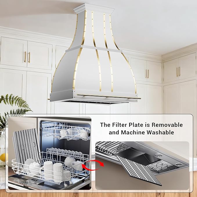 CHETTO C Stainless Steel Range Hood Cover with 4-Speed Vent Hood Insert Custom Handcrafted Metal Kitchen Fan with Towel Rack LED Light 54"W x27"D x24"H White Island Mount