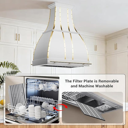 CHETTO C Stainless Steel Range Hood Cover with 4-Speed Vent Hood Insert Custom Handcrafted Metal Kitchen Fan with Towel Rack LED Light 54"W x27"D x24"H White Island Mount