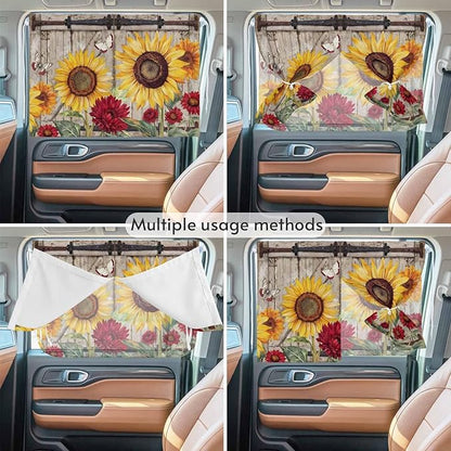 Sunflowers Magnetic Double Layer Car Window Shades,Side Window Curtains for Blackout/Breathable Mesh View,Retro Flower Barn Doors Butterfly Farmhouse Brown Heat Protection Sun Shades 26x20in 2pcs