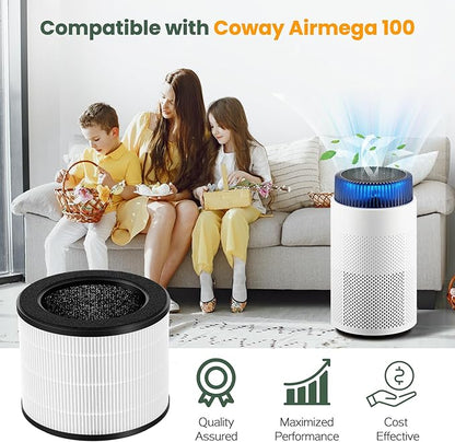 2 Pack Airmega 100 Filter Replacement Compatible with Coway Airmega 100 Air Purifier, 3-IN-1 Hepa Filter, Deodorization Filter with Activated Carbon