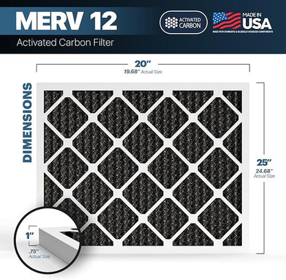 BNX TruFilter 20x25x1 MERV 12 Odor Defense (6-Pack) AC Furnace Air Filter with Activated Carbon - MADE IN USA - Pleated Air Conditioner HVAC AC Furnace Filters - Removes Odor, Mold, Bacteria, Smoke