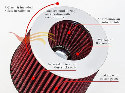 RED 4 inch 102 mm Inlet Truck Air Cone Replacement Performance Washable Clamp-On Dry Air Filter (8" Tall)
