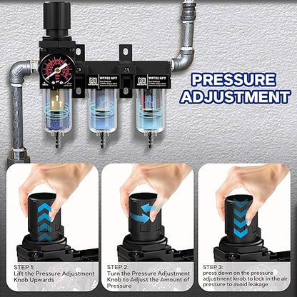 NEWPO 1/4" NPT Air Drying System,Air Filter Pressure Regulator for Spray Guns and Pnuematic Tools, Air Dryer for Compressor, 5＆0.5&0.01 Micron Filter Cartridge,Semi-Auto Drain (Black)