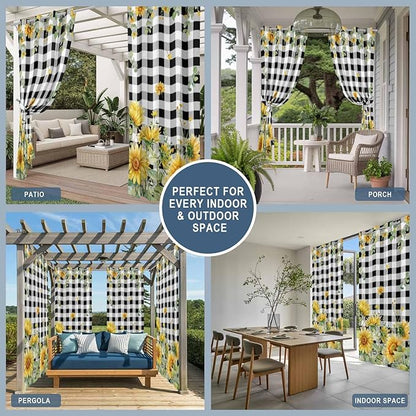 Sunflowers Outdoor Curtains for Patio Summer Floral Eucalyptus Leaf Buffalo Check Waterproof Outside Curtains with Grommet Top Weatherproof Curtain for Cabana Pergola Gazebo, 2 Pack, 54" W x 95" L