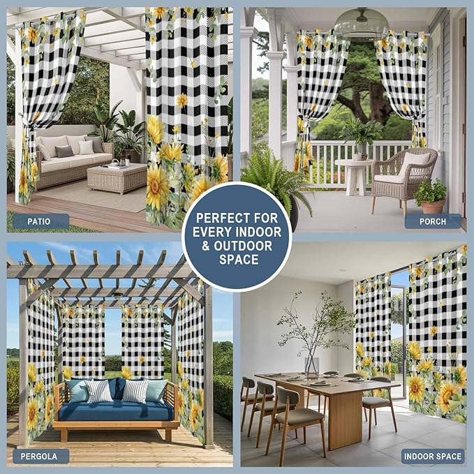 Sunflowers Outdoor Curtains for Patio Summer Floral Eucalyptus Leaf Buffalo Check Waterproof Outside Curtains with Grommet Top Weatherproof Curtain for Cabana Pergola Gazebo, 1 Panel, 54" W x 95" L