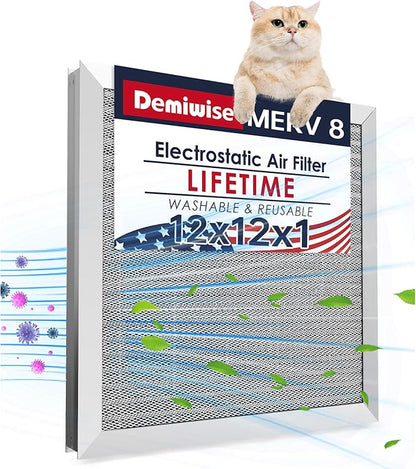 12x12x1 Electrostatic Air Filter, Reusable MERV 8 Aluminum AC/HVAC Furnace Filter, Washable Lifetime Permanent Air Filter, Easy to Clean,Increases Airflow(Actual Size:11.69x11.69x0.82)