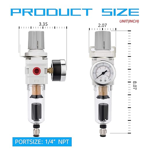 NANPU 1/4" NPT Compressed Air Filter Regulator Combo Piggyback, Auto Drain, 5 Micron Brass Element, Poly Bowl, Metal Bracket, 0-150 psi Gauge