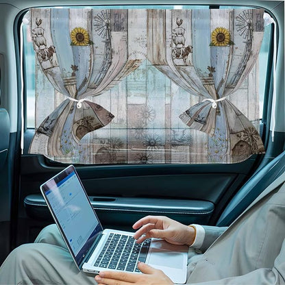 Blue Grey Wooden Magnetic Double Layer Car Window Shades,Side Window Curtains for Blackout/Breathable Mesh View,Farmhouse Barn Sunflowers Retro Privacy Sun Shades for Heat/UV Protection 26x20in 1pcs