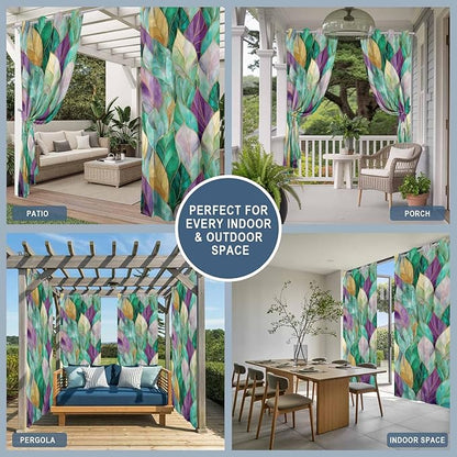 Leaves Outdoor Curtains for Patio Gorgeous Leaf Abstract Spring Waterproof Outside Curtains with Grommet Top Weatherproof Curtain for Cabana Pergola Gazebo, 1 Panel, 54" W x 108" L