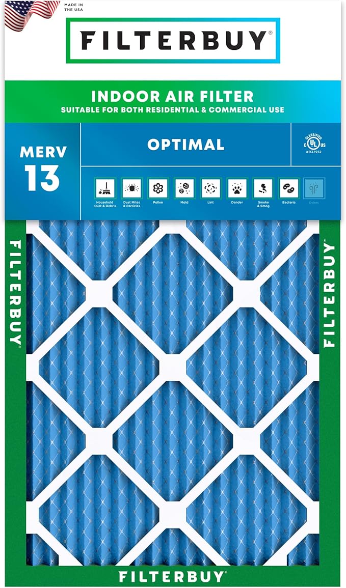 Filterbuy 10x20x1 Air Filter MERV 13 Optimal Smoke & Allergy Defense (1-Pack), Electrostatic Pleated HVAC AC Furnace Filters Replacement, Made in USA (Actual Size: 9.50 x 19.50 x 0.75)