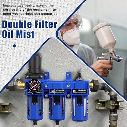 NEWPO 3/8'' NPT Compressed Air Filter Regulator Lubricator Combo Water/Oil Trap Separator with Pressure Gauge,Brass Filter and Coalescing Filter,Semi-Auto Drain, Metal Bracket-Blue