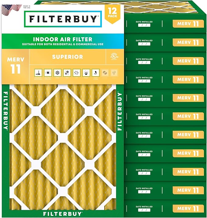 Filterbuy 12x24x2 Air Filter MERV 11 Superior Pet & Allergy Defense (12-Pack), Electrostatic Pleated HVAC AC Furnace Filters Replacement, Made in USA (Actual Size: 11.38 x 23.38 x 1.75)
