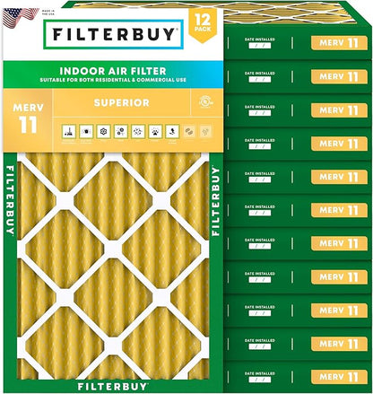 Filterbuy 12x24x2 Air Filter MERV 11 Superior Pet & Allergy Defense (12-Pack), Electrostatic Pleated HVAC AC Furnace Filters Replacement, Made in USA (Actual Size: 11.38 x 23.38 x 1.75)