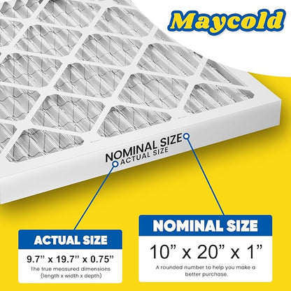 Maycold MERV 8 10x20x1 Furnace Air Filters (6-Pack), Pleated HVAC AC Filters – Actual Size 9.70” x 19.70” x 0.75”, For Residential or Office Use, Individually Wrapped in Plastic