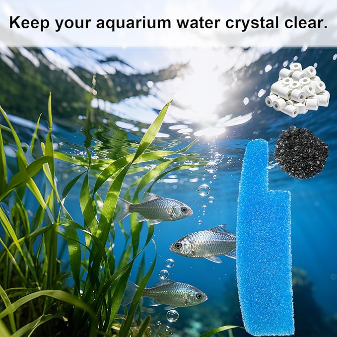 4 Set Aquarium Media Maintenance Kit, Replacement for Seachem Tide 55-Gallon Filter — Includes 4 Blue Sponges, 4 Bags of Activated Carbon, 4 Ceramic Rings, and 4 Mesh Bags.