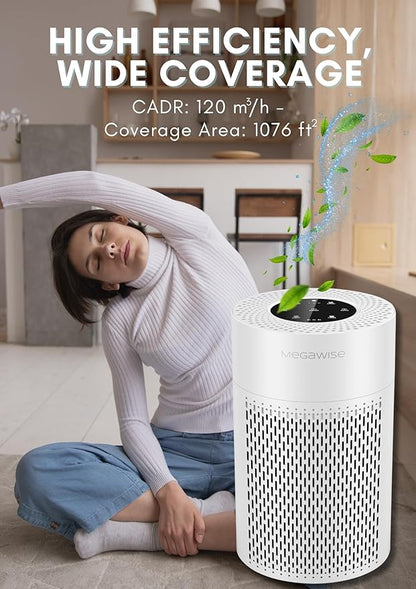 MEGAWISE Air Purifier for Home, Bedroom & Office, H13 True HEPA Filter, Smart Air Quality Sensor, Removes Dust, Smoke & Odors, Quiet Sleep Mode, Covers Up to 216 sq. ft.
