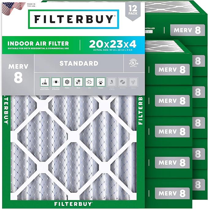 Filterbuy 20x23x4 Air Filter MERV 8 Essential Dust & Allergy Defense (12-Pack), Electrostatic Pleated HVAC AC Furnace Filters Replacement, Made in USA (Actual Size: 19.50 x 22.50 x 3.63)