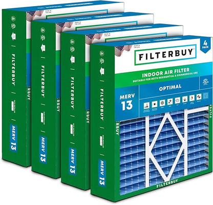 Filterbuy 20x20x5 Air Filter MERV 13 Optimal Smoke & Allergy Defense (4-Pack), Pleated HVAC AC Furnace Filters for Amana, Coleman, Goodman, Maytag, York, and More (Actual Size: 20.25 x 20.75 x 5.25)