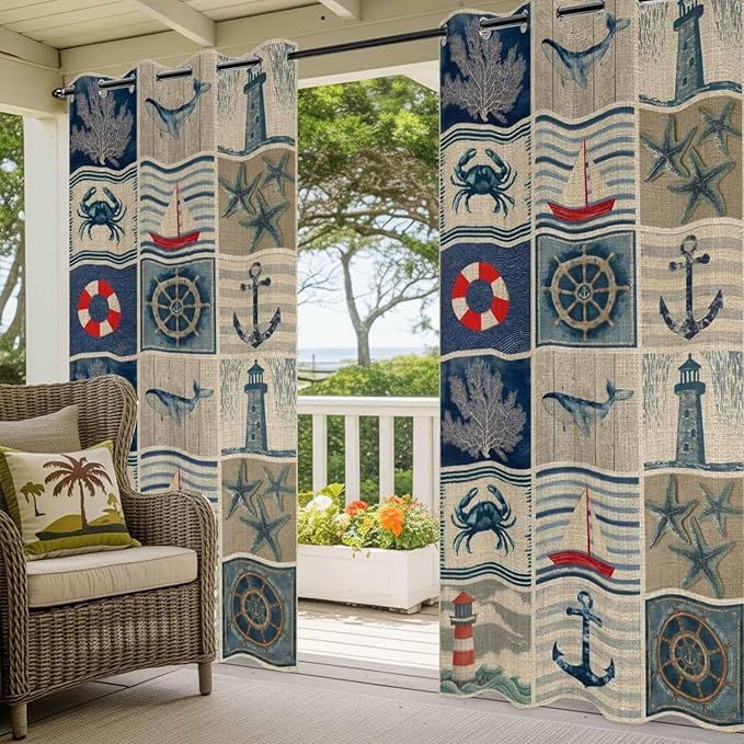 Oceans Outdoor Curtains for Patio Shell Starfish Whales Summer Vintage Waterproof Outside Curtains with Grommet Top Weatherproof Curtain for Cabana Pergola Gazebo, 1 Panel, 54" W x 95" L