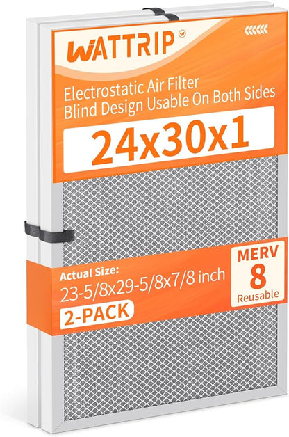 2-Pack 24x30x1 MERV 8 Reusable & Washable Electrostatic Air Filters - Long-Lasting Filter for HVAC, Furnace & Air Conditioner Units, Actual Size: 23-5/8” x 29-5/8” x 7/8”