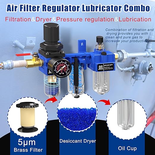 NEWPO 1/4" NPT Compressed Air Filter Regulator Lubricator Combo, Water/Oil Trap Separator,Brass Filter & Desiccant Dryers,Semi-Auto Drain,Metal Bracket-Blue