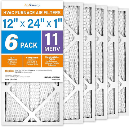 LotFancy 12x24x1 Air Filter MERV 11 6-Pack, Electrostatic Pleated AC Furnace Air Filter, Captures Dust, Smog & Pet Dander, Actual Size: 11.75"x23.75"x0.75"