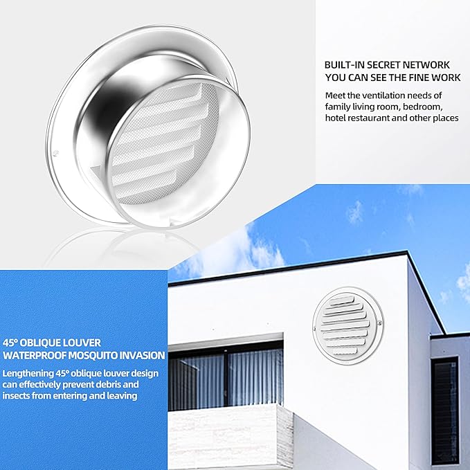 6'' Shiny Silver Paint Stainless Steel Air Vents, Louvered Grille Cover Vent Hood Flat Ducting Ventilation Air Vent Wall Air Outlet with Fly Screen Mesh for House (6 inch Shiny Silver Paint Cover)