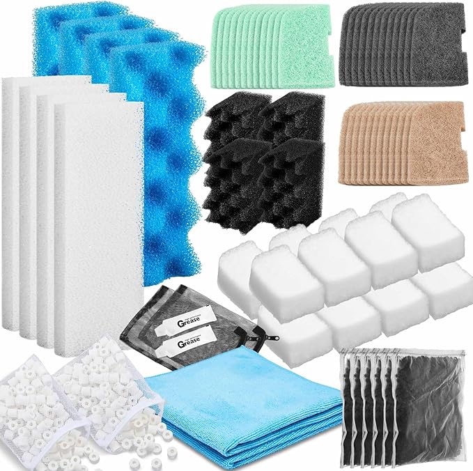 74 Pcs Filter Media Compatible with Fluval 306/307, Aquarium Replacement Media Kit, Foam, Activated Carbon, Nitrite/Phosphate/Ammonia Remover, Towel, Grease, Mesh Bags