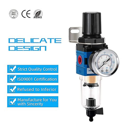 NANPU 1/4" NPT Compressed Air Filter Regulator Combo Piggyback, 5 Micron Brass Element, Poly Bowl, Manual Drain, Metal Bracket, 0-150 psi Gauge - AW2000-02M