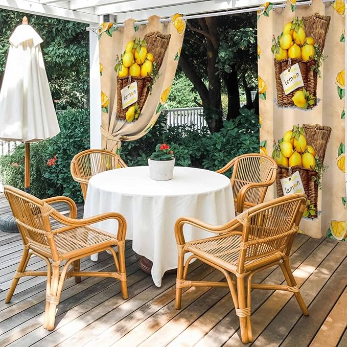 Lemon Outdoor Curtains for Patio Lemons in Baskets Summer Tropical Plant Brown Waterproof Outside Curtains with Grommet Top Weatherproof Curtain for Cabana Pergola Gazebo, 1 Panel, 54" W x 95" L
