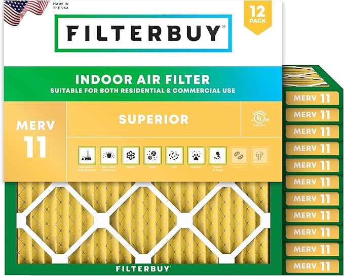 Filterbuy 11.25x11.25x1 Air Filter MERV 11 Superior Pet & Allergy Defense (12-Pack), Electrostatic Pleated HVAC AC Furnace Filters Replacement, Made in USA (Actual Size: 11.25 x 11.25 x 0.75)