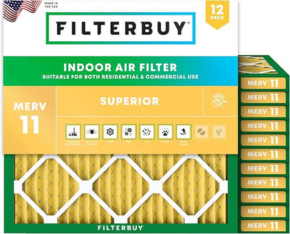 Filterbuy 30x30x1 Air Filter MERV 11 Superior Pet & Allergy Defense (12-Pack), Electrostatic Pleated HVAC AC Furnace Filters Replacement, Made in USA (Actual Size: 29.50 x 29.50 x 0.75)