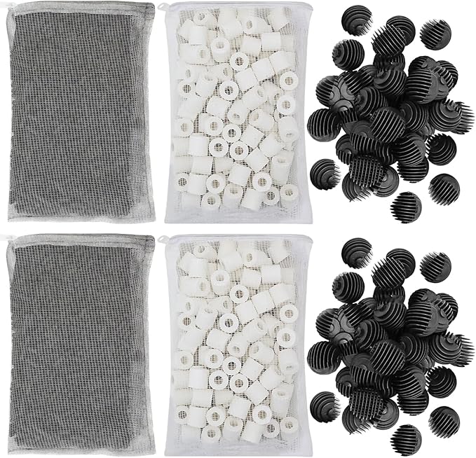 Flexzion Fish Tank Filter Media - Bio Balls for Aquarium Filter, Ceramic Rings & Activated Carbon Pellets in Mesh Bags - Biological, Chemical, & Mechanical Filtration Fresh & Saltwater Aquarium, 2 Set