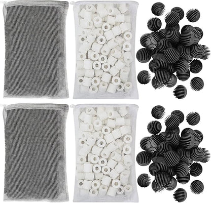 Flexzion Fish Tank Filter Media - Bio Balls for Aquarium Filter, Ceramic Rings & Activated Carbon Pellets in Mesh Bags - Biological, Chemical, & Mechanical Filtration Fresh & Saltwater Aquarium, 2 Set